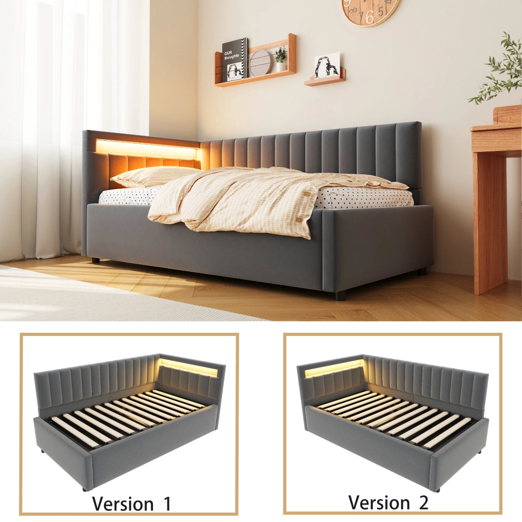 OKWISH Letto Divano 90×200 cm, Letto Singolo con LED, Contenitore Idraulico e Testiera Reversibile, senza Materasso, Grigio