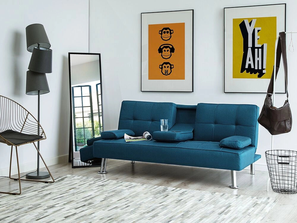 Divano letto blu 3 posti tavolo a ribalta Click Clack soggiorno