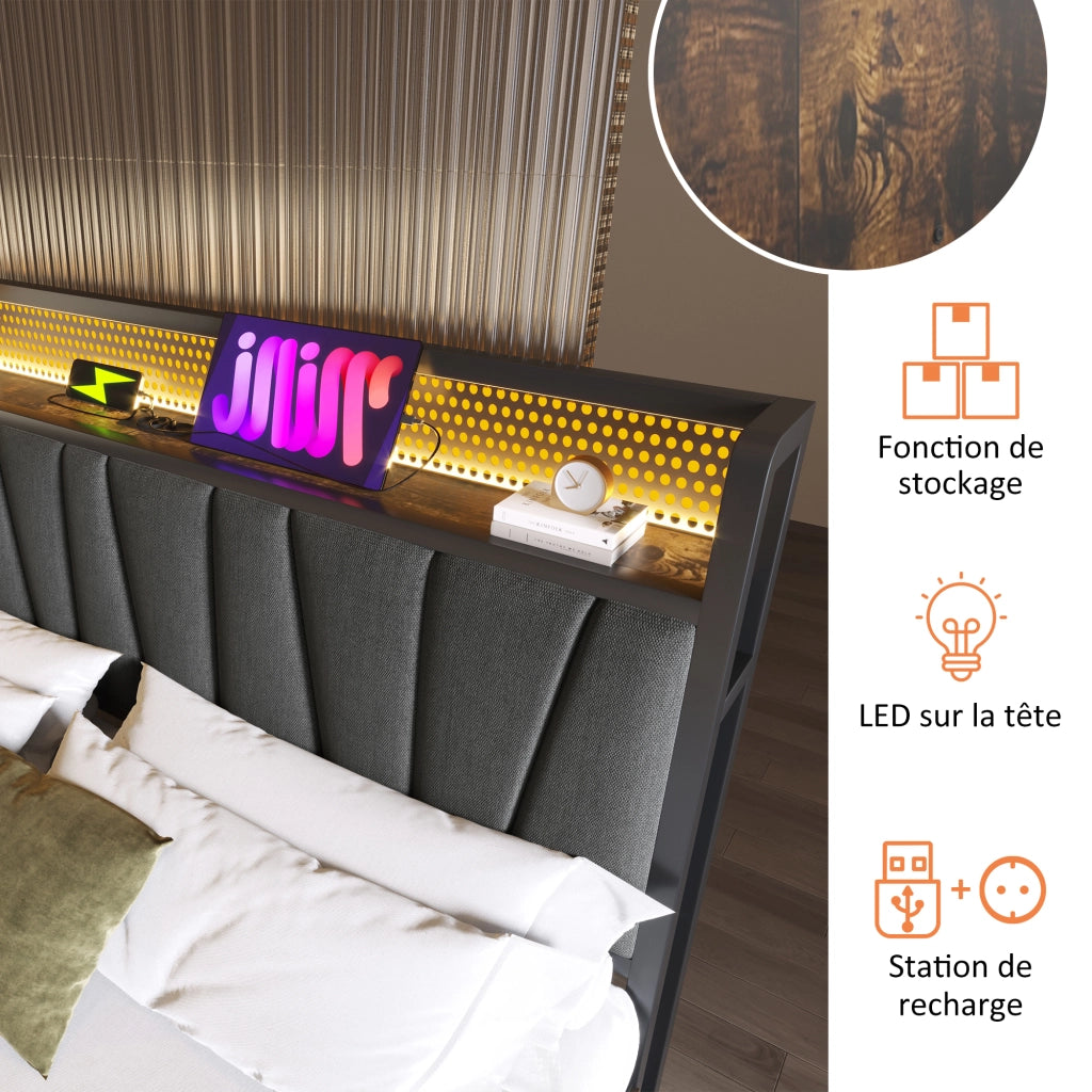 Letto Contenitore Letto Matrimoniale 180×200 cm con USB; Prese e LED Regolabile; senza Materasso; Grigio