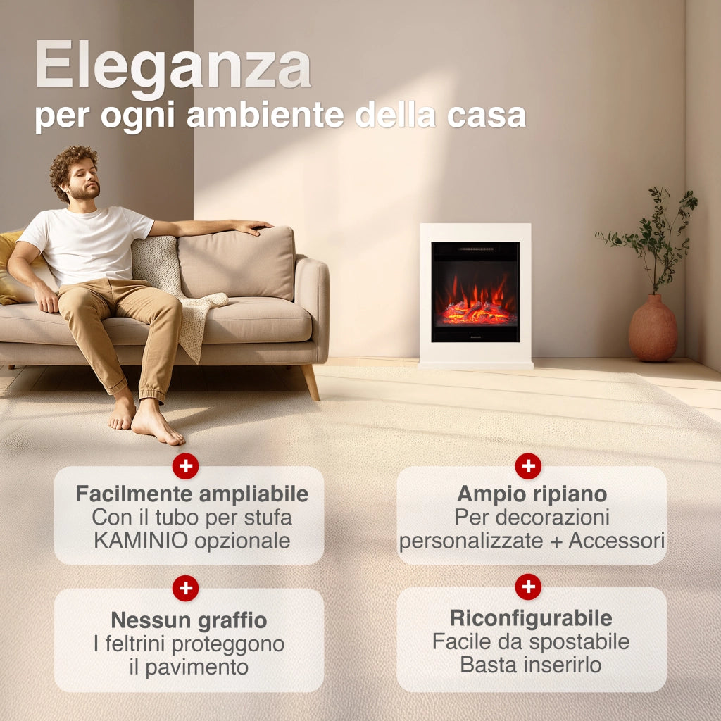 KAMINIO Camino elettrico KALLE - Caminetto elettrico a pavimento con riscaldamento, effetto fiamma 3D, telecomando - Bianco