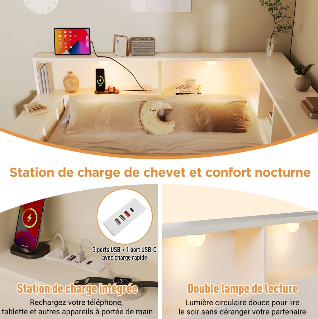 Letto singolo 90x200 cm con cassetti; ripiani; luci e porte USB Type-C; bianco