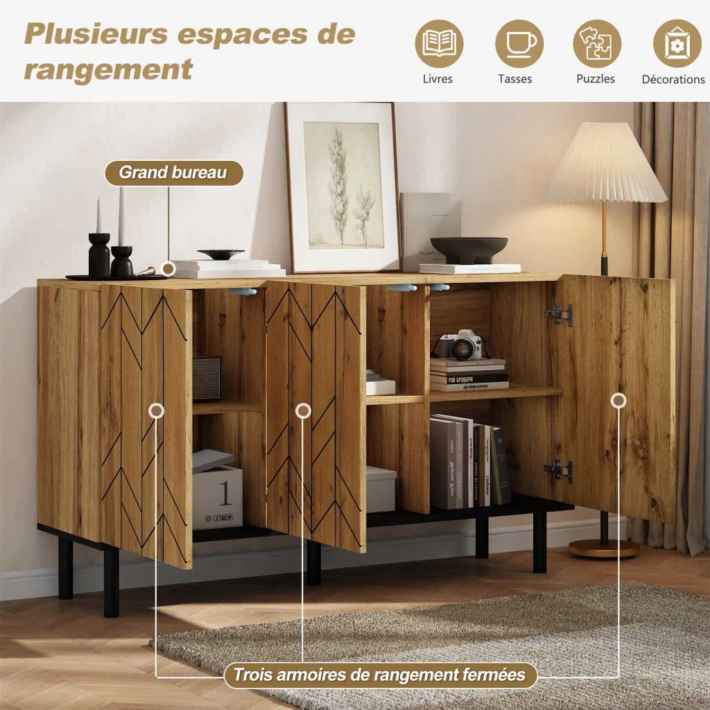 Credenza con 3 ante e frontale effetto ondulato; in truciolato e gambe in metallo; per soggiorno; 120 × 35 × 70 cm