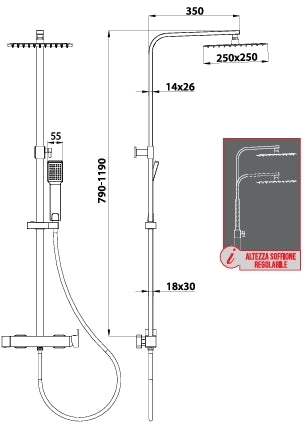 Colonna Doccia Quadrata con Miscelatore Meccanico e Deviatore Integrato, Soffione 25x25 cm e Doccetta Quadrata