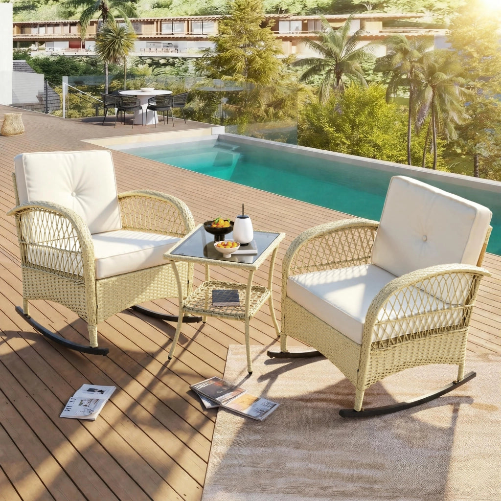 Salotto da Giardino con 2 Poltrone a Dondolo e 1 Tavolino in Vetro; per Balcone e Terrazza; Rattan; Tessuto Impermeabile e Metallo; Beige