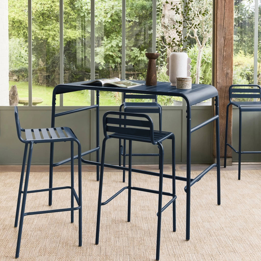 Set tavolo alto da giardino bistrot in acciaio con 4 sgabelli, 120cm,