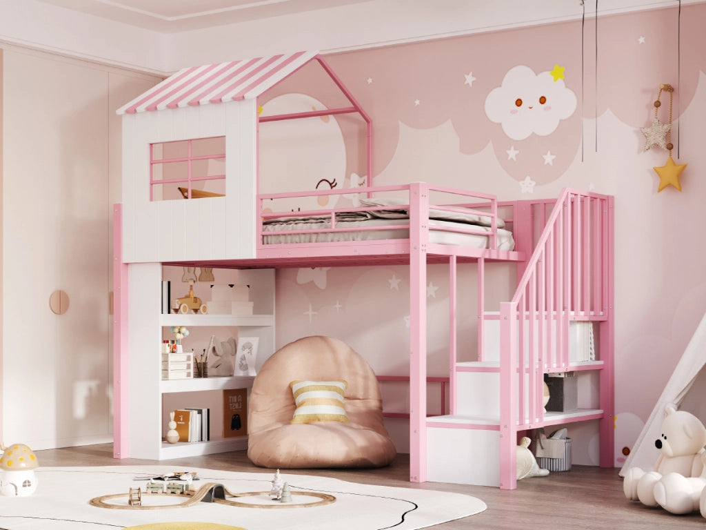 Letto a soppalco 90 × 200 cm con scala contenitore reversibile e scaffale, senza materasso, per bambini, rosa