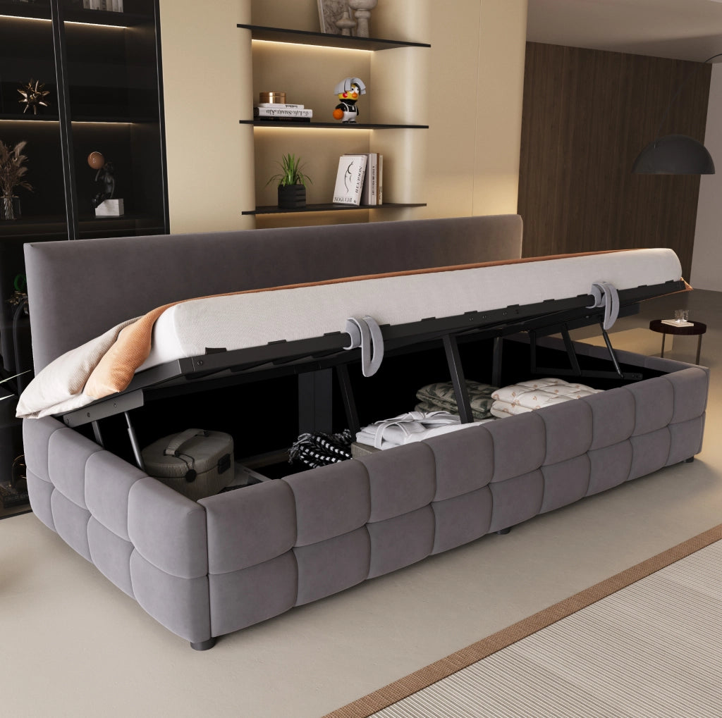 Letto singolo imbottito con contenitore idraulico 90 x 200 cm grigio