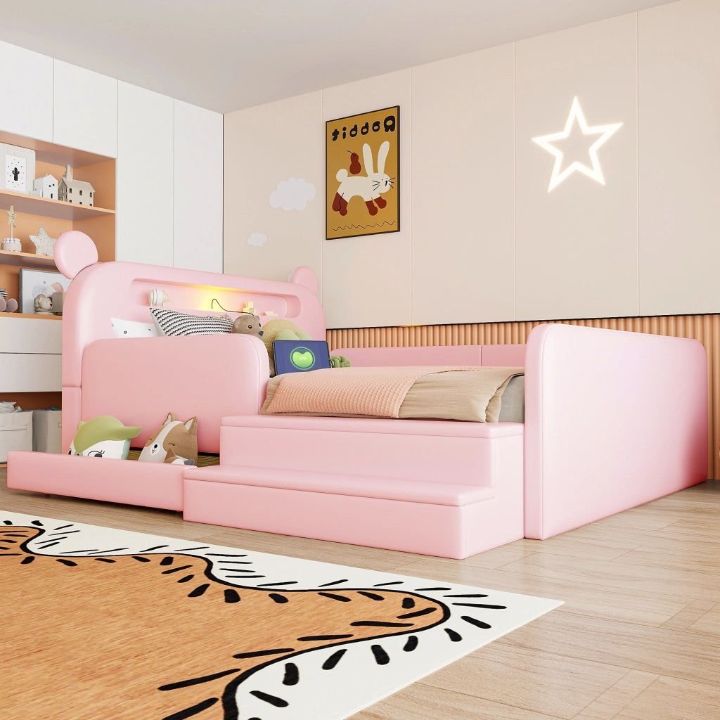 Letto imbottito per bambini con testiera a orso e USB, 140x200 cm, rosa