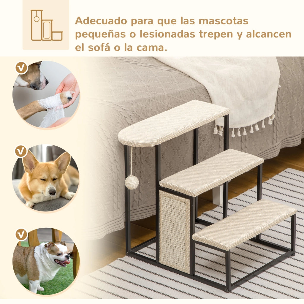 Scala per Gatti con 3 Gradini Palla Pendente Graffiatoio e Struttura in Acciaio ¨C zephmum ¨C 47x45x47 cm Crema e Nero