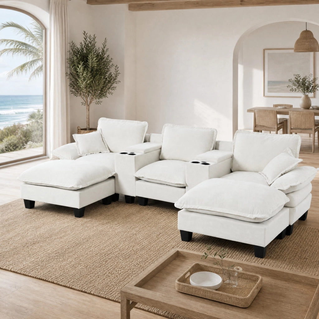 Divano modulare a U con contenitore, portabicchieri e porte USB, in ciniglia beige 323 × 151 × 90 cm