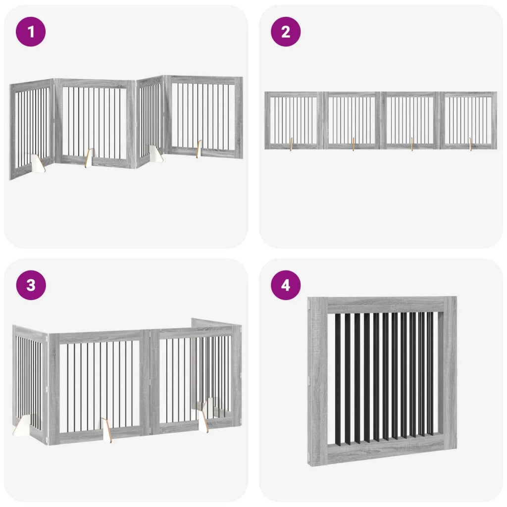 Cancello per cani pieghevole con supporti 4 pcs Grigio Sonoma 892034