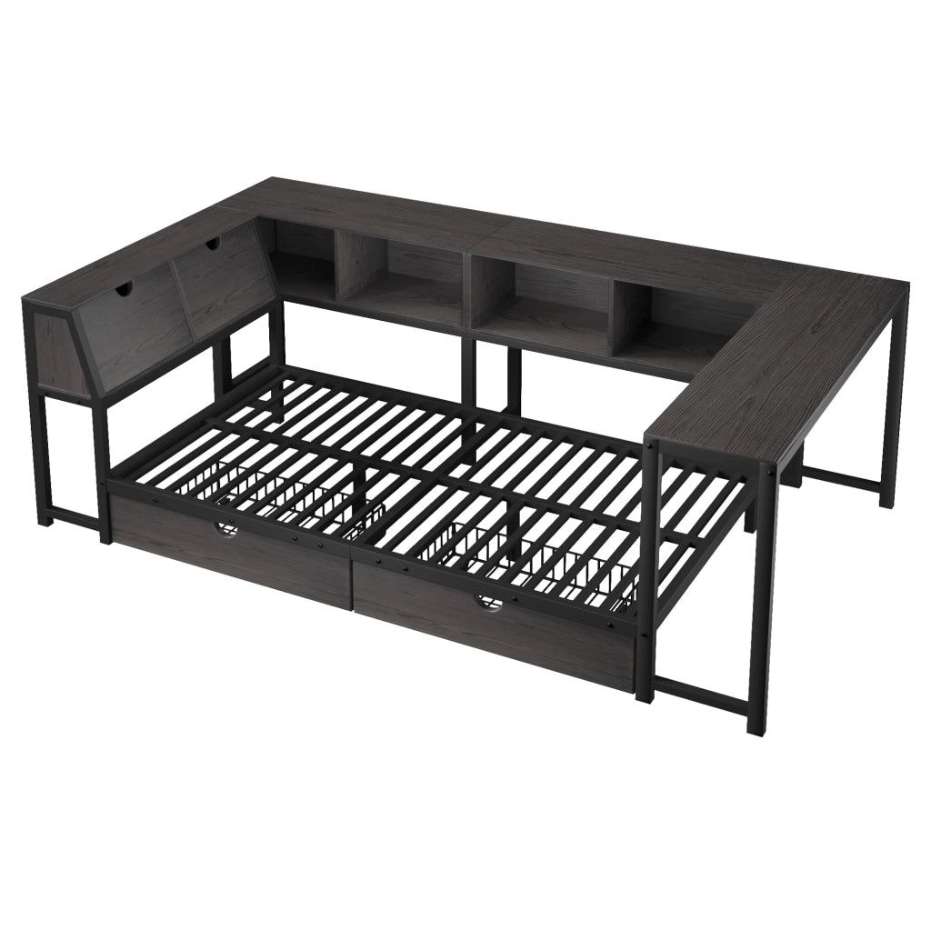 Letto 90x200 cm con scrivania, 2 cassetti, LED e testiera contenitore in MDF e metallo nero