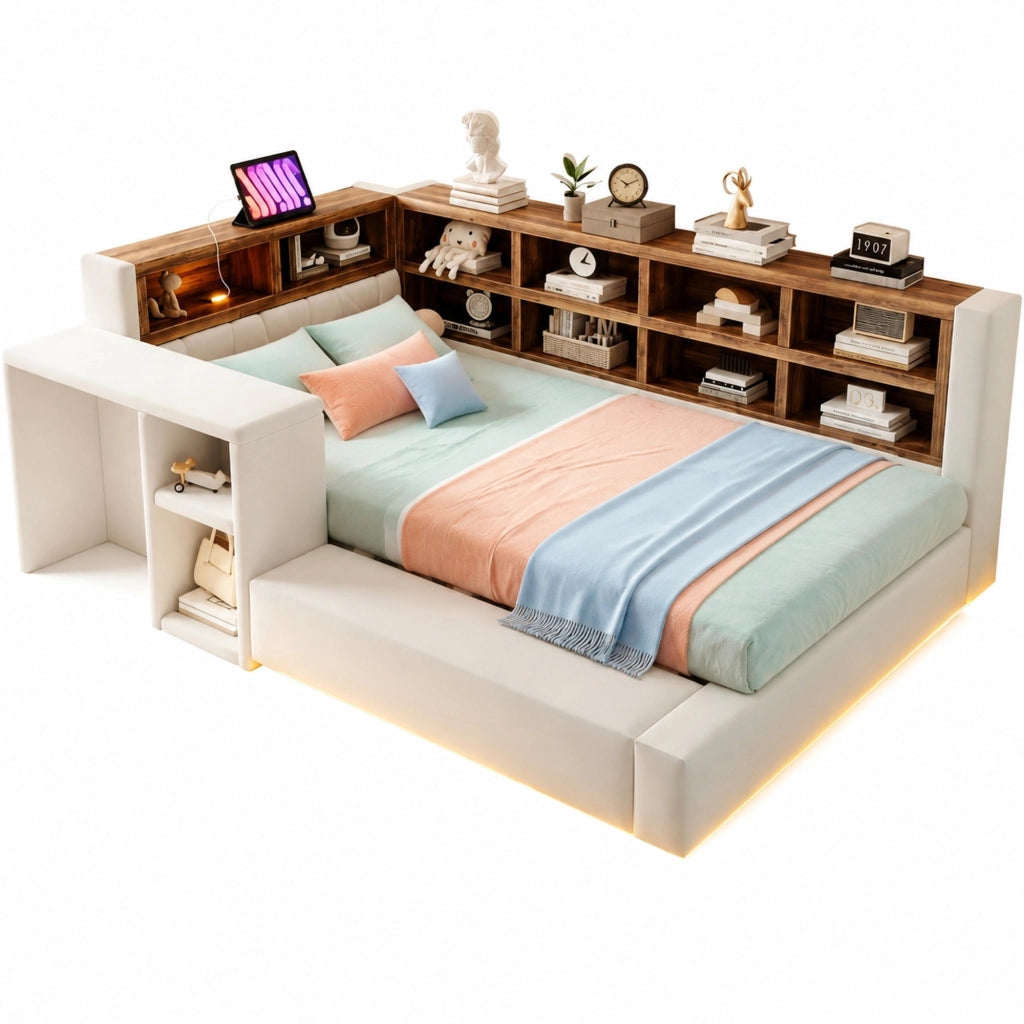 Letto imbottito singolo 90×200 cm con testiera; ripiani; LED; prese e tavolino; senza materasso; beige