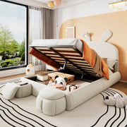 Letto imbottito beige 140x200 cm con LED, vano contenitore e 2 pouf
