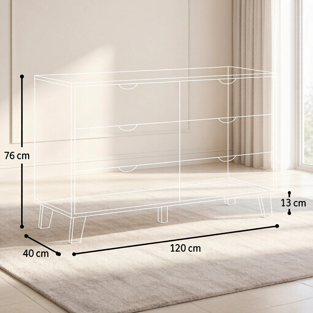 Comò contenitore bianco e rovere 120x40x76 cm con 6 cassetti e gambe in legno