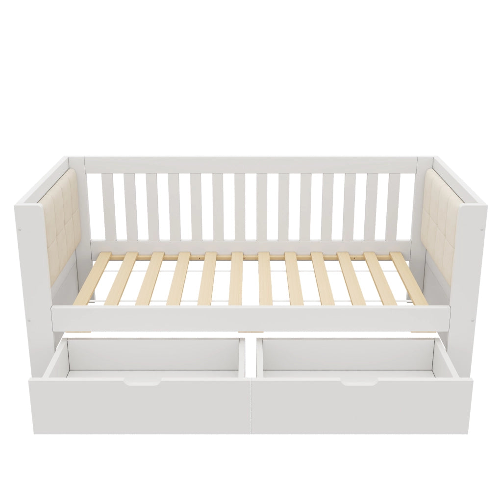 Letto singolo 90x200 cm in legno bianco con 2 cassetti, letto giorno con schienale e struttura salvaspazio