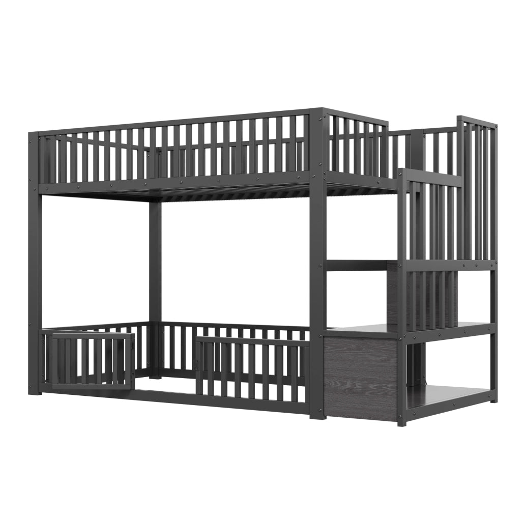 Letto a castello 90x200 con LED; scala contenitore e protezione; nero