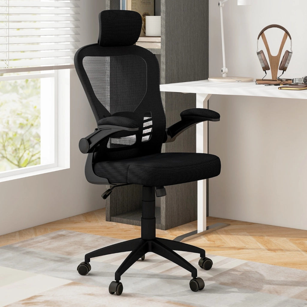 Sedia da ufficio ergonomica in rete con altezza regolabile braccioli ribaltabili, Sedia direzionale per studio Nero