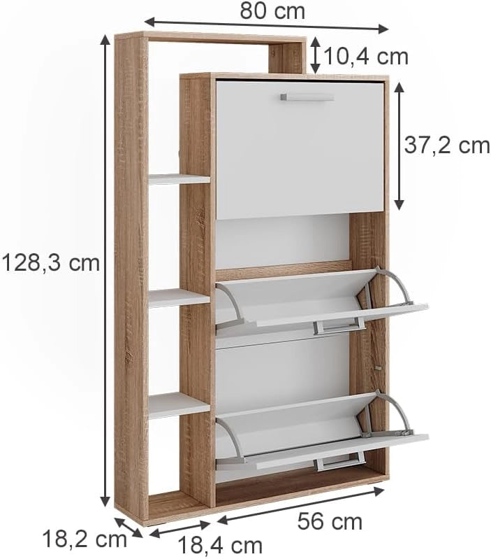 Scarpiera da ingresso Orlando, Bianco/Sonoma, 80 x 128.3 cm con 3 scomparti incernierati