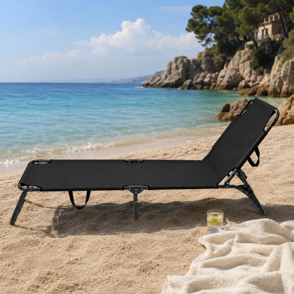 Lettino Prendisole Pieghevole Con Tettuccio Parasole Schienale Reclinabile Regolabile Telaio In Metallo Nero 187 x 53 x 24 Cm Nero