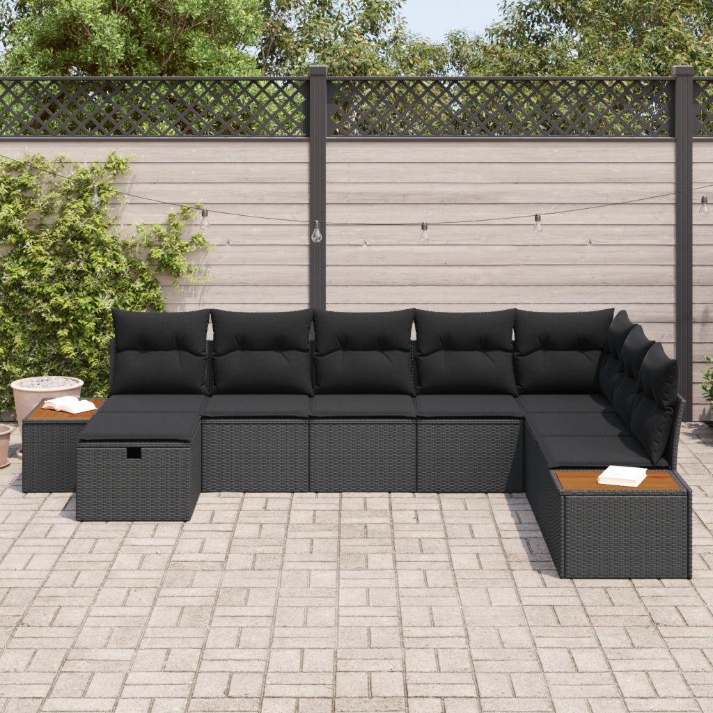 Set Divano da Giardino  da 8 Pezzi con Cuscini Polirattan Nero