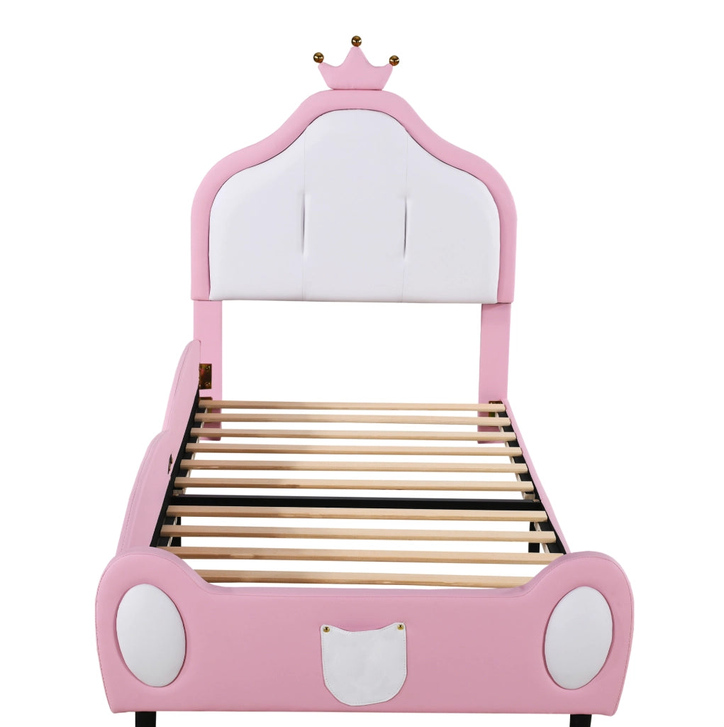 Letto imbottito per bambini 90x200 cm in similpelle rosa e bianco con testiera decorata a coronamento