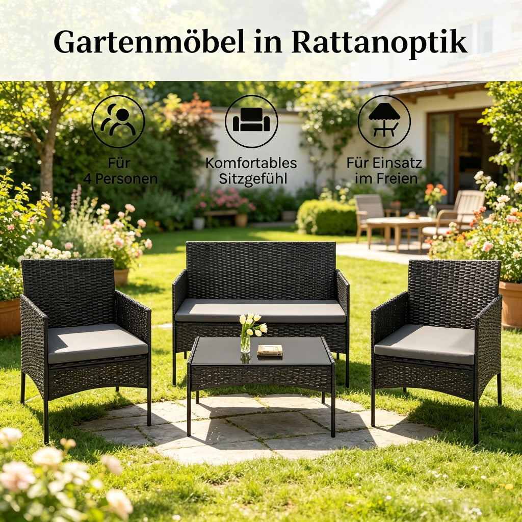 Mobili Da Giardino Per 4 Persone Nero Rattan Ferro Vetro Tavolo 71 Cm Salotto Esterno