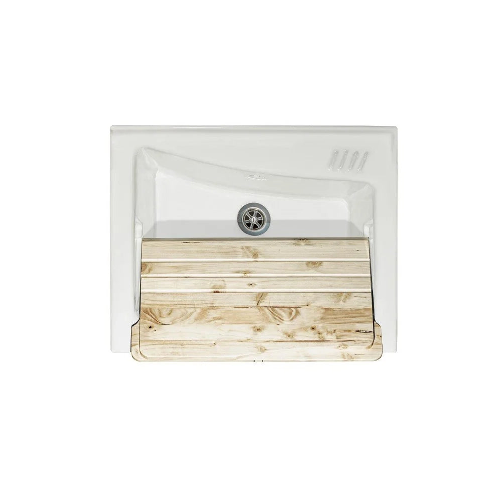 Mobile lavatoio 60x64 cm bianco con vasca in ceramica, fondo salvagoccia e asse in legno | Lavella
