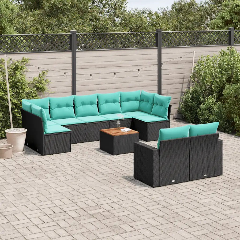 Set Divani da Giardino 10 pz con Cuscini Nero in Polyrattan
