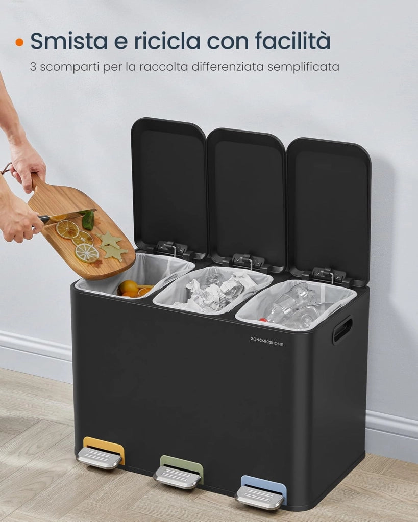 Cestino da Cucina Tripla, Pattumiera per Raccolta Differenziata 3 x 15 L con Pedali Colorati, Raccolta Differenziata, Coperchio e Secchi Interni, Acciaio, Nero Inchiostro