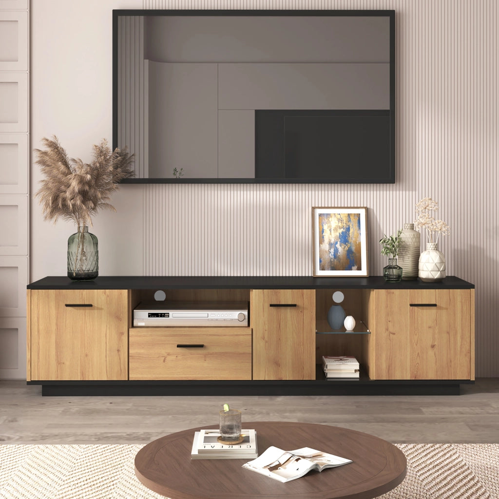 Mobile TV con 3 Ante; 1 Cassetto; 2 Vani a Giorno e LED 16 Colori; MDF; Nero e Effetto Legno; 180??37??45 cm