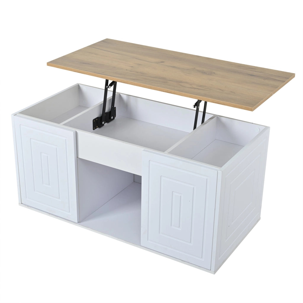 Tavolino da salotto con piano regolabile in altezza, tavolino a due ante, finitura effetto legno, bianco e color legno naturale