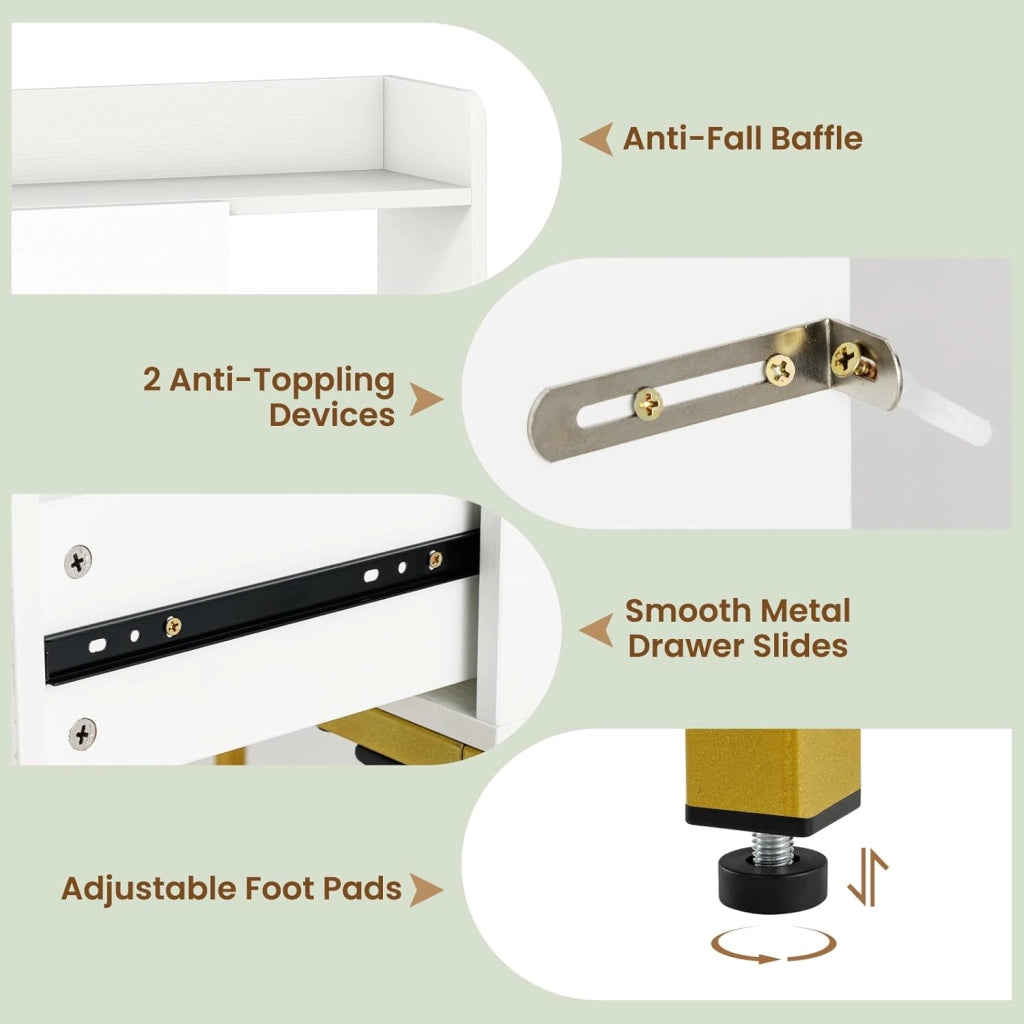 Specchio Rettangolare da Trucco, Tavolo da Trucco con Sgabello, Cassetti, Scaffali Aperti, Scomparto Nascosto, Stazione di Ricarica, Tavolo da Trucco Moderno per Camera da Letto (Bianco)