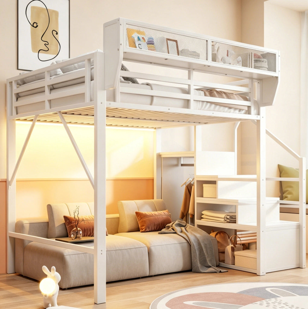 Letto a soppalco 140x200 cm in metallo e MDF con LED; scala di sicurezza; bianco