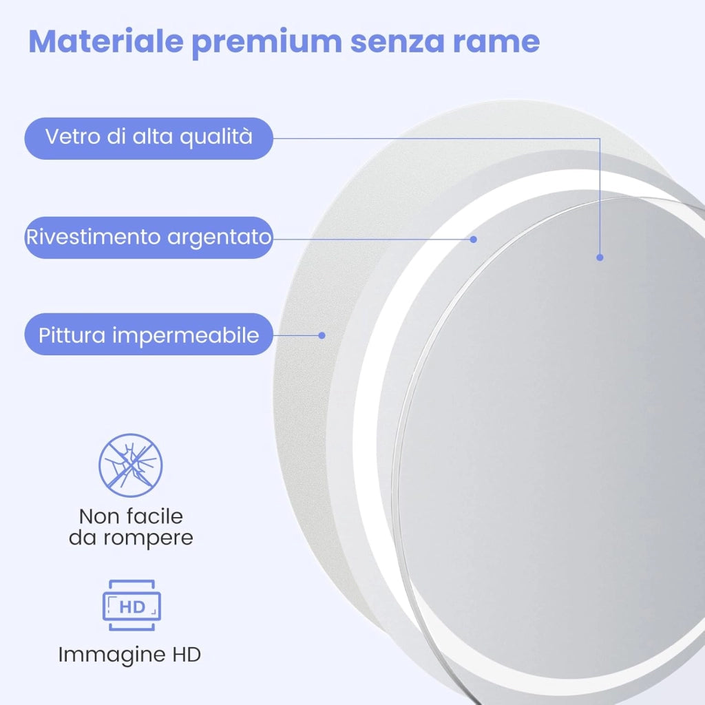 Specchio da Bagno Rotondo/Quadrato a LED, Specchio da Trucco da Parete Impermeabile con 3 Colori, 58/72 Luci, Schermo Tattile, Ideale per Bagno Soggiorno Camera da Letto (Rotondo)