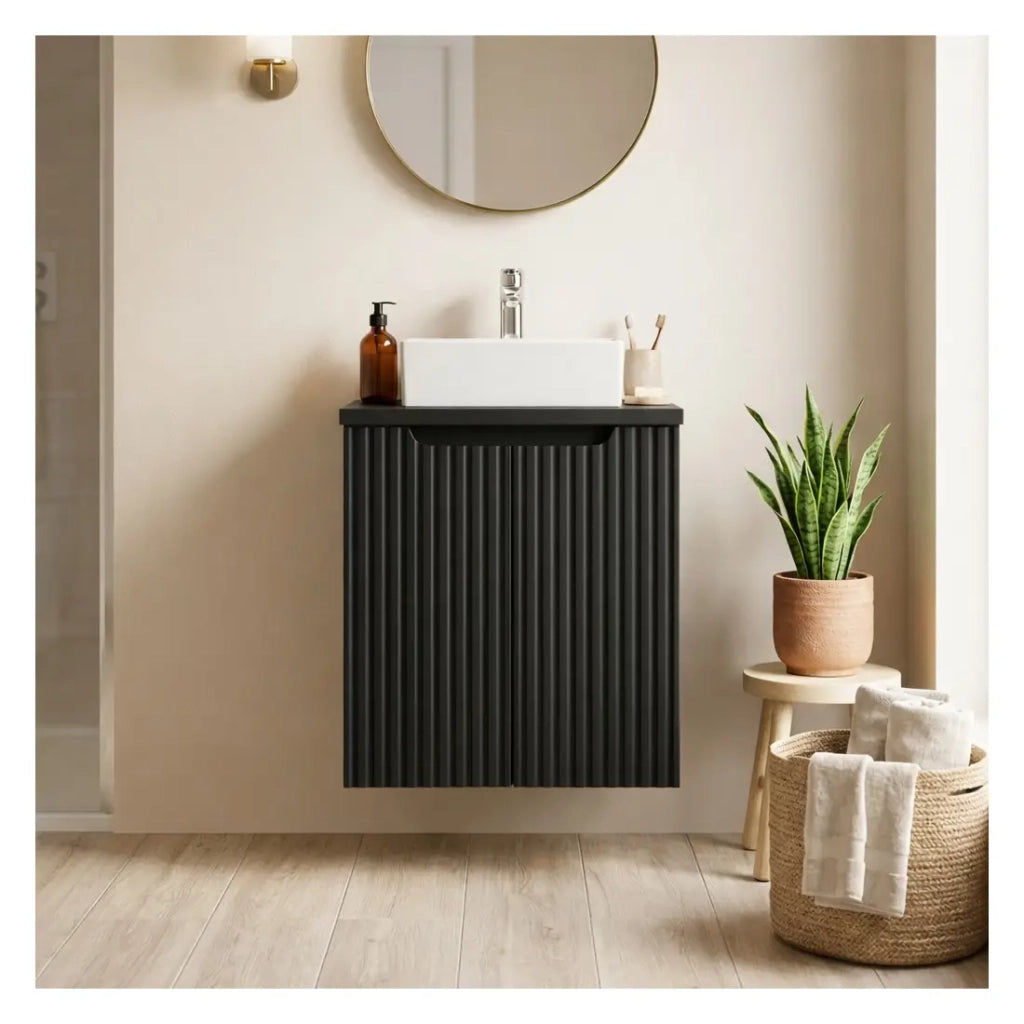 Set VANO 50cm: mobile sottolavabo con armadietti + piano per lavabo nero opaco + lavabo rettangolare da appoggio bianco