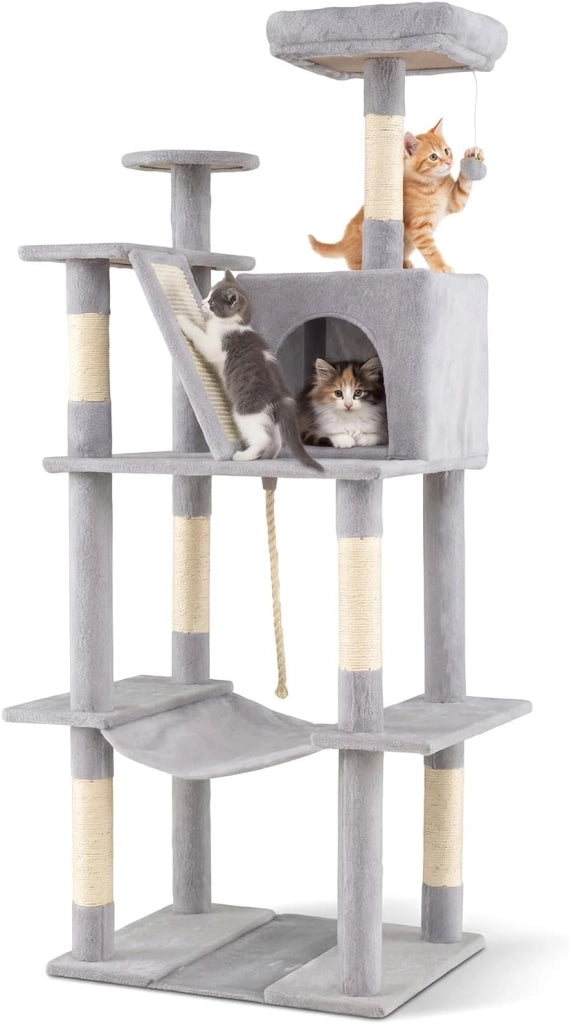 Albero per Gatti Alto 158 cm, Albero Tiragraffi con Trespolo di Peluche, Grotta, Amaca, Tiragraffi in Sisal, Rampa, Corda Appesa e Pallina Pendenti, Centro Attività per Gattini (Grigio Chiaro)