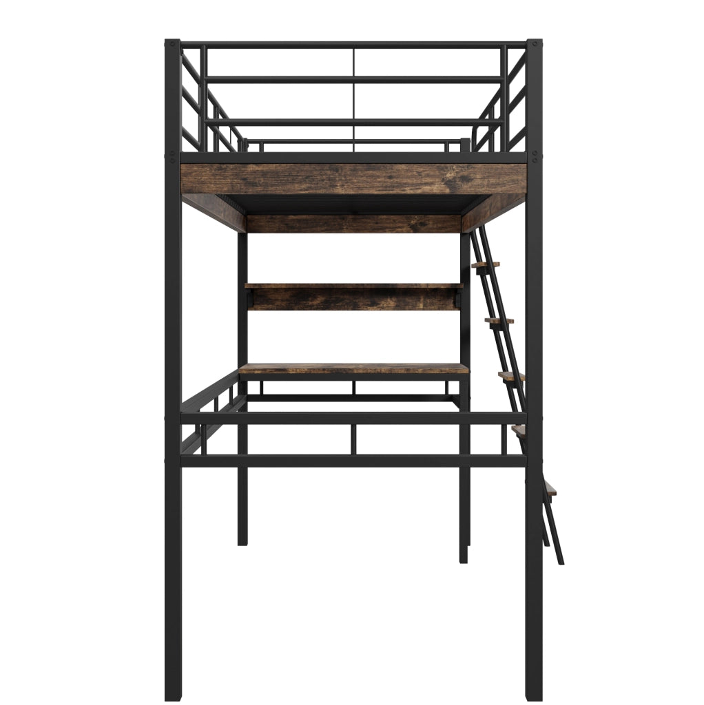 Letto a soppalco 90x200 cm nero metallo e MDF con scrivania e ripiani