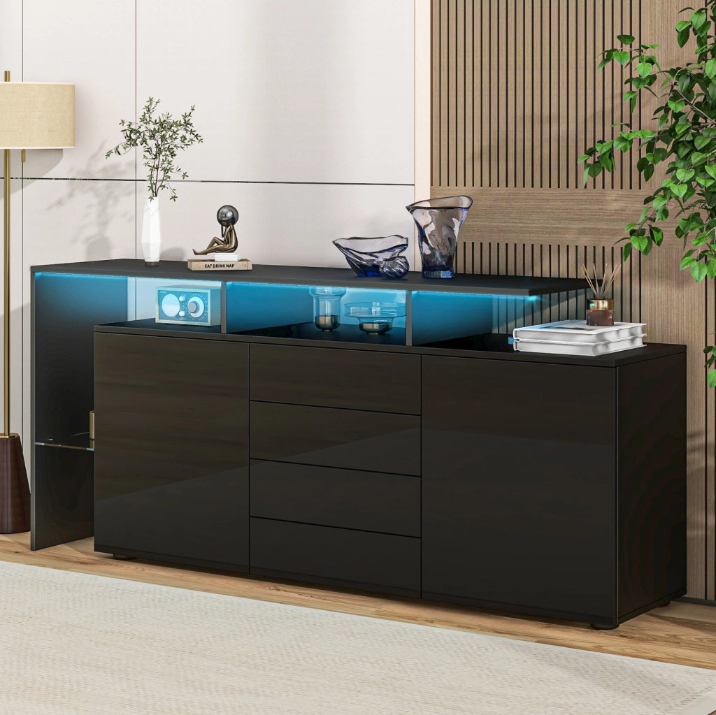 Sideboard LED 160 cm nero lucido con 2 ante e 4 cassetti