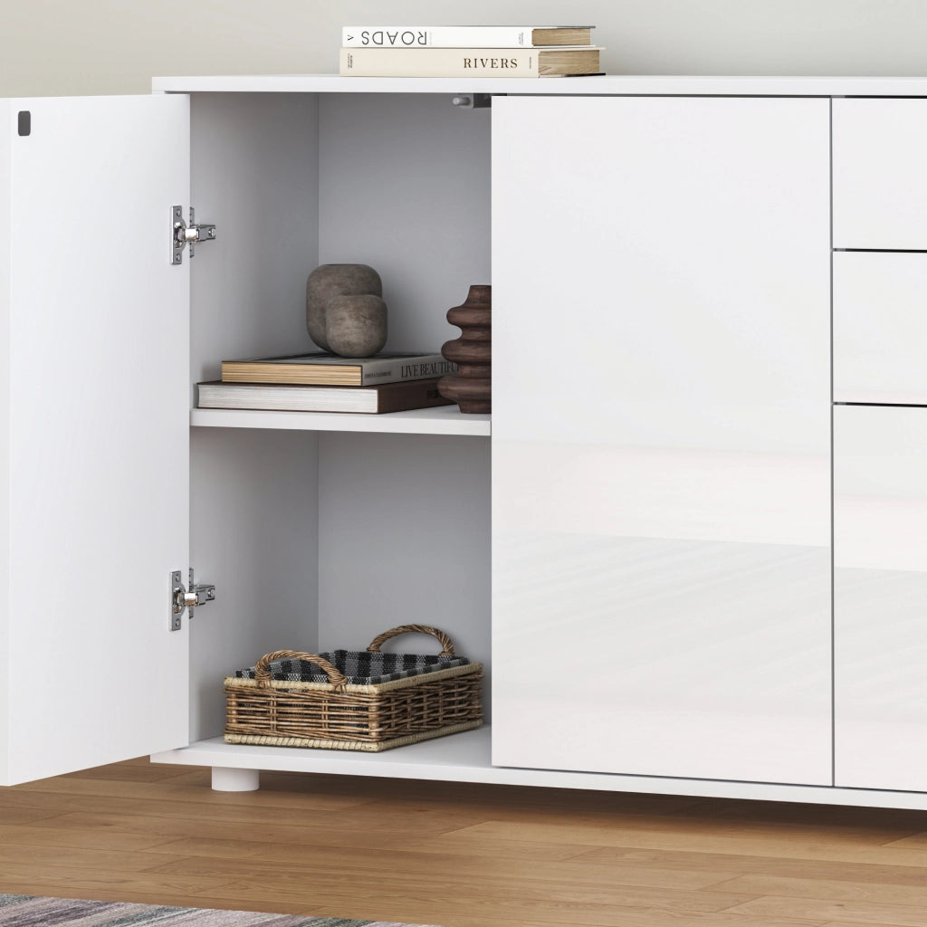 Credenza Paarl Comò con 3 Ante e 2 Cassetti 74x117x36 cm - Bianco Lucido [en.casa]