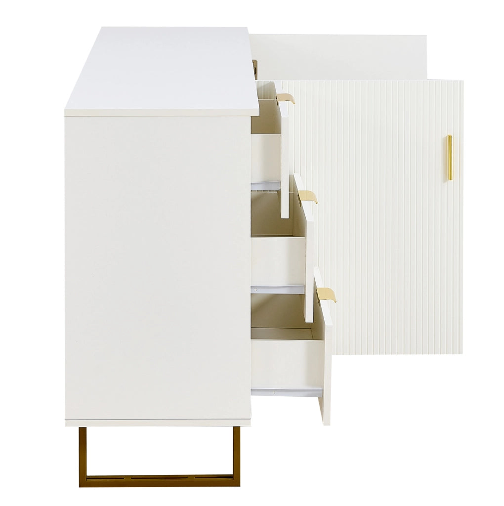 Sideboard moderno in MDF bianco con 2 porte, 3 cassetti e gambe in acciaio