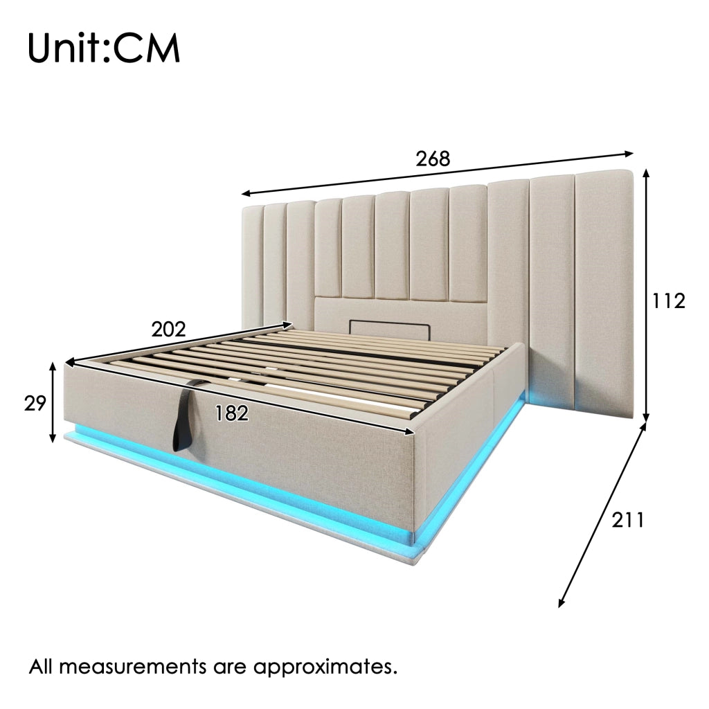 Letto Contenitore Letto Matrimoniale 180 x 200 cm con 3 USB; Porta Tipo C e LED; senza Materasso