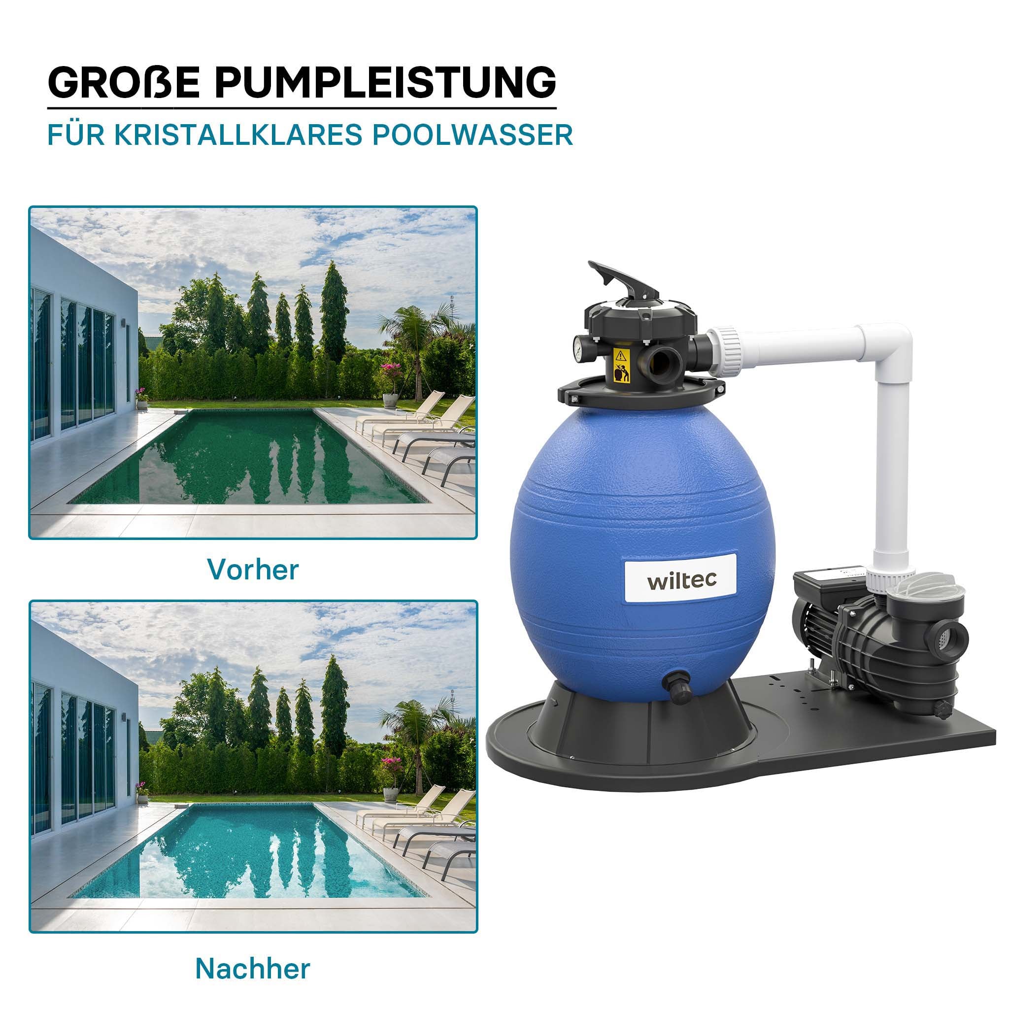 Filtro a sabbia per piscina, 550 W, serbatoio filtrante 38 l, pompa piscina autoadescante 18.000 l/h