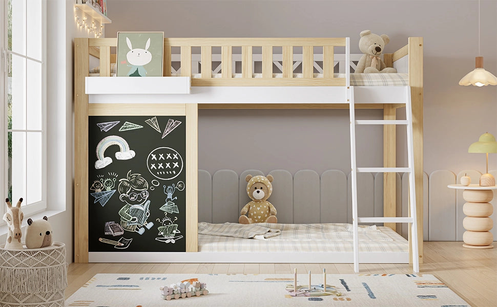 Letto a castello bianco e naturale in pino e MDF con lavagna scatola portaoggetti 90x200cm