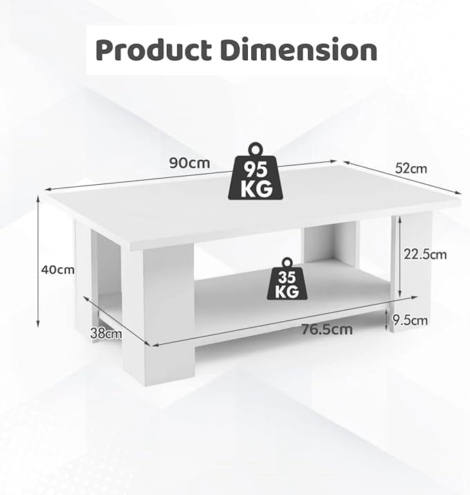 Tavolino da Salotto, Tavolino Basso a 2 Ripiani, Tavolino da Caffè, Tavolino da Divano, in Legno, Montaggio Semplice, per Soggiorno, Peso Max 125 kg, Bianco (90x52x40 cm)
