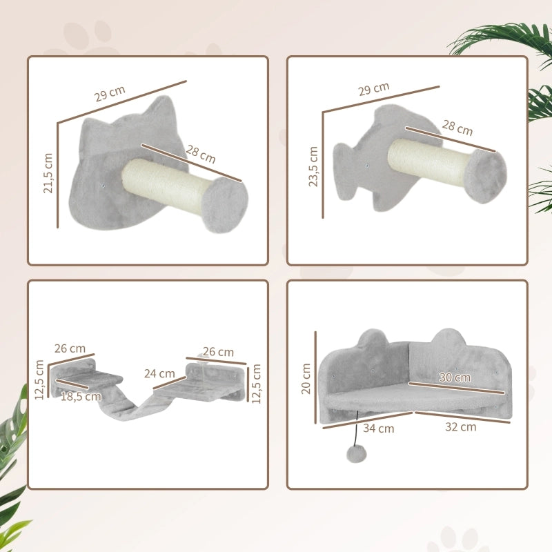 Set parete per gatti a 4 pezzi con piattaforme e scaletta, grigio chiaro