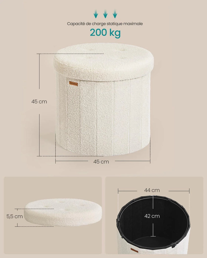 Sgabello/poggiapiedi rotondo con coperchio rimovibile 46 x 45 cm pieghevole facile da montare tessuto felpato per camera da letto soggiorno corridoio bianco crema 12_0006350