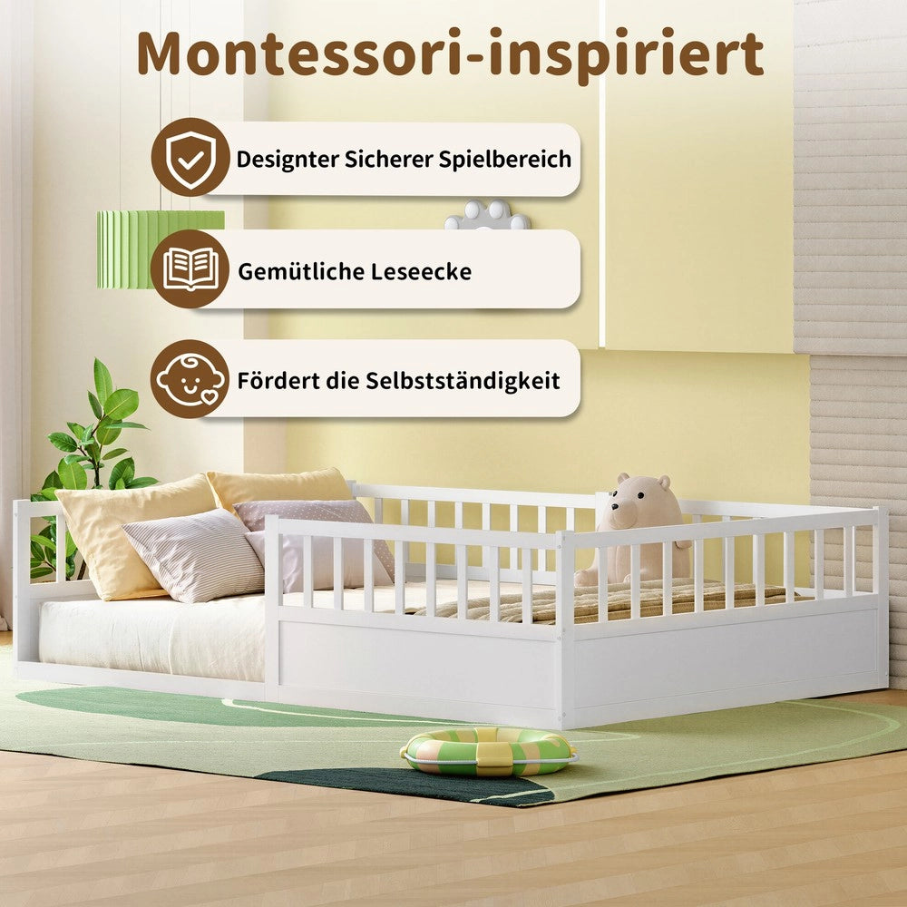 Letto Montessori Singolo con Doghe e Sponda ¨C MINIMAL ¨C Pino Bianco 140x200