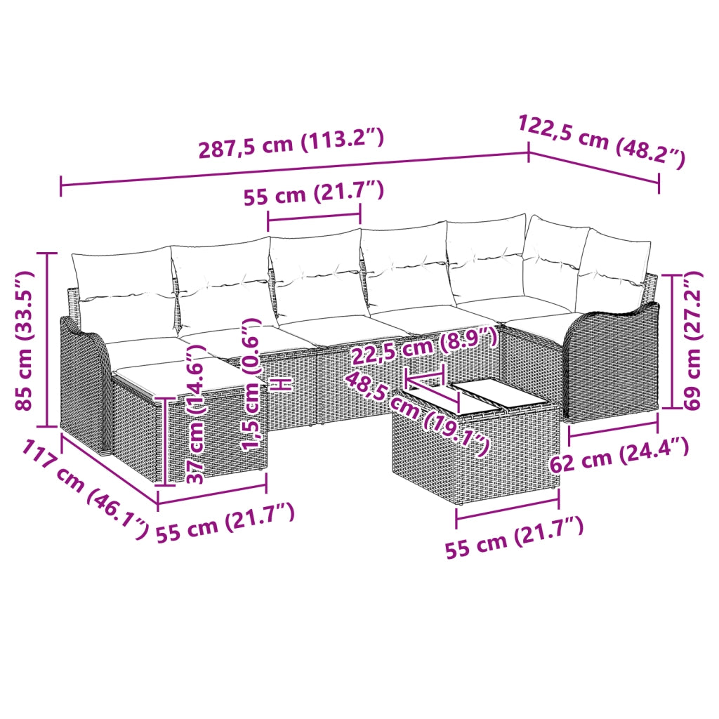 Set di Divano da Giardino con Cuscini  7 Pezzi Rattan Sintetico Marrone