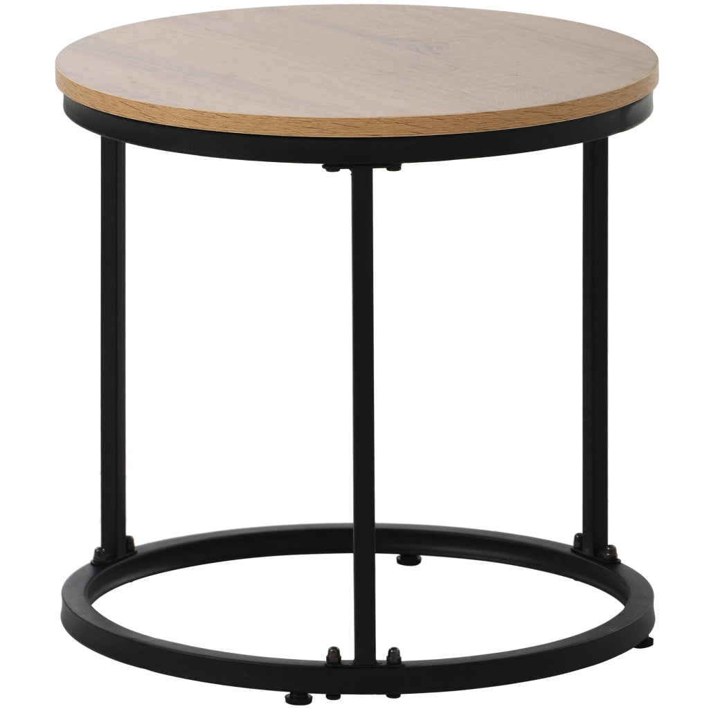 Tavolini da Caffè a Nido Rotondi Set da 2 con Struttura in Acciaio; Piano Effetto Marmo; in MDF; Rovere